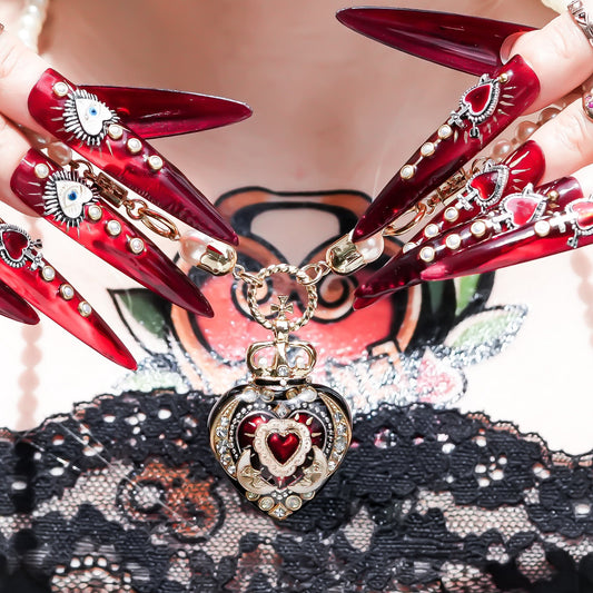 Crowned Red Heart & Moon Necklace - Black × Deep Red × Pearl
