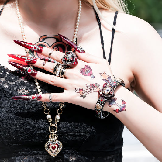 Crowned Red Heart & Moon Necklace - Black × Deep Red × Pearl