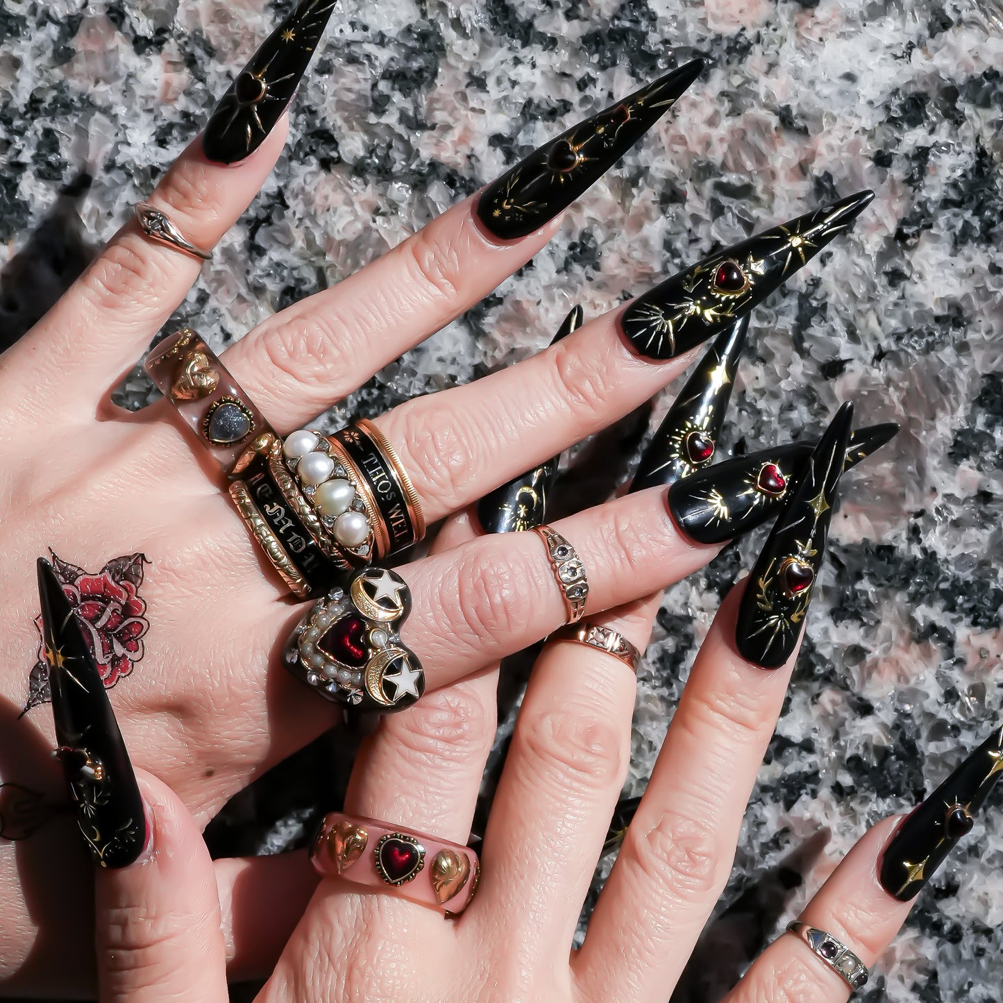 Celestial Moon Heart Ring - Black × Red / #8 #11 #16