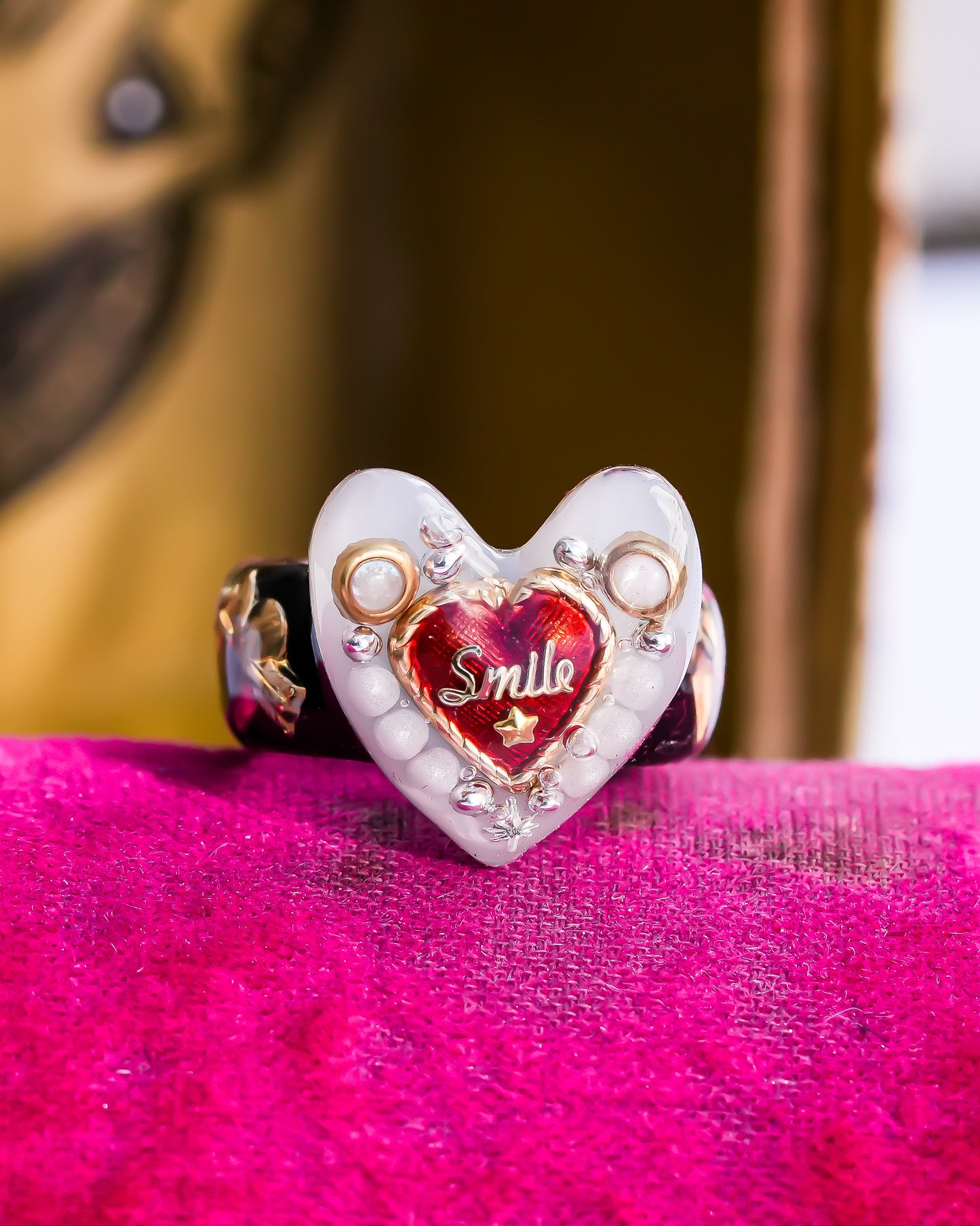 Sweet smile heart ring – white × red / #5