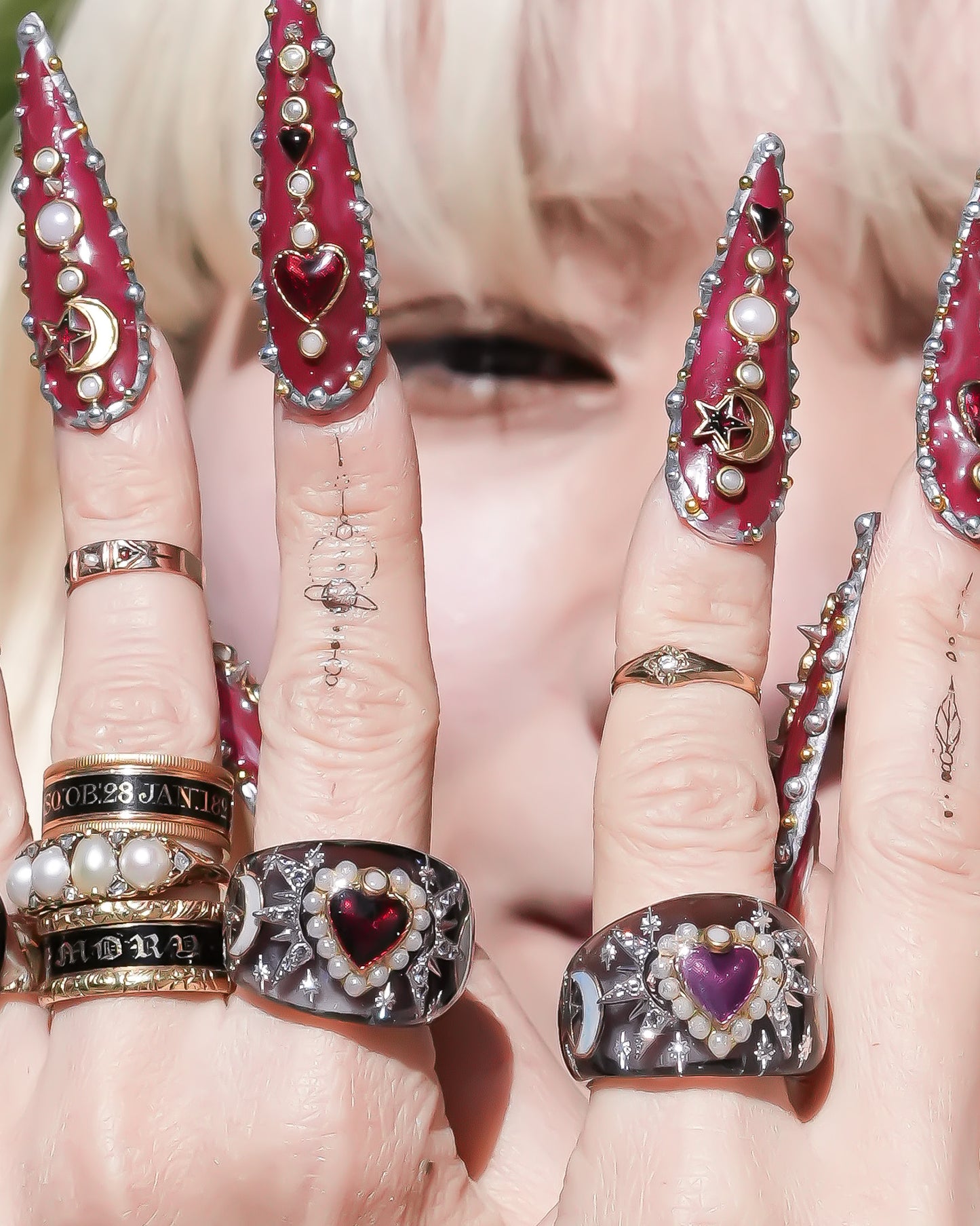 Mystic Night Heart Ring - gray blue / deep red / #13