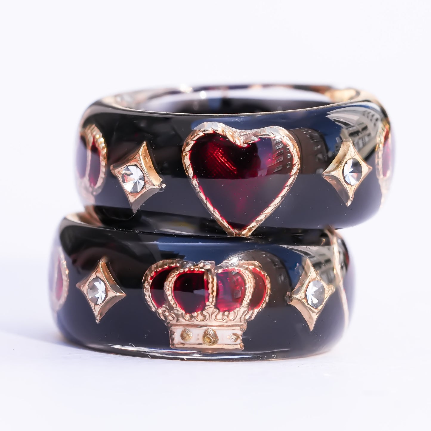 Crowned heart band ring - black × red / #11 #12