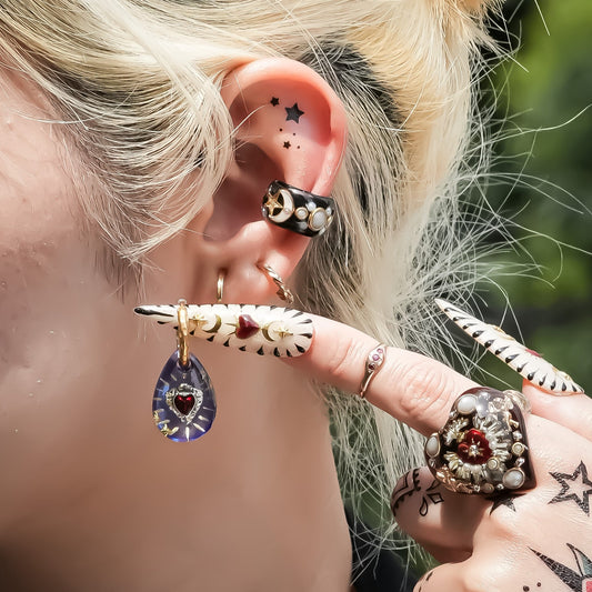 Sacred Heart Drop Pierced Earrings - Purple Blue × Red