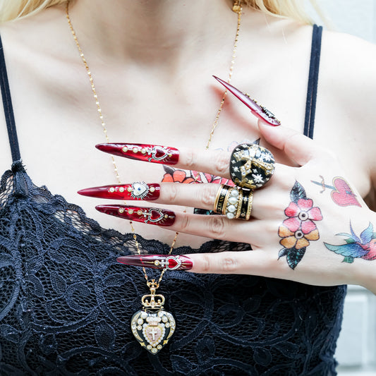 Crowned Sacred Heart Necklace - Black × Smoky Pink