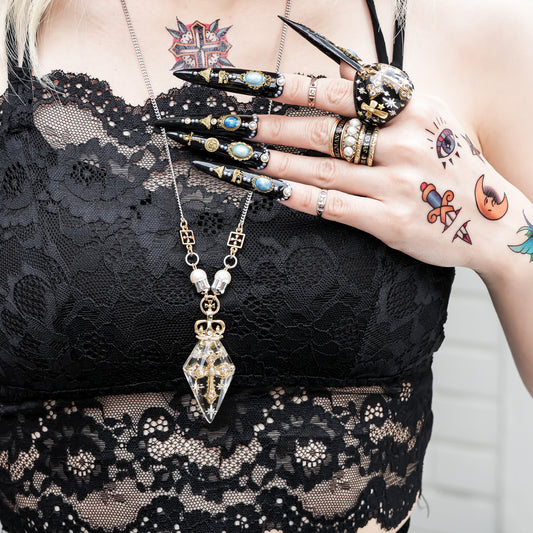 Crowned Pendulum Cross Necklace - Clear
