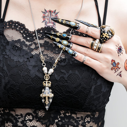 Crowned Pendulum Cross Necklace - Black