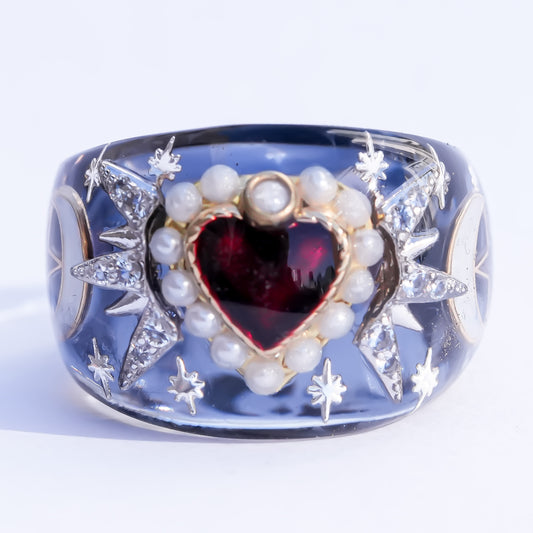 Mystic Night Heart Ring - gray blue / deep red / #13