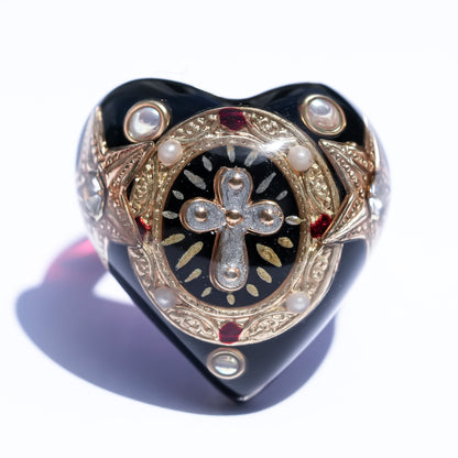 Cross Heart Ring - Black × Deep Red / #14