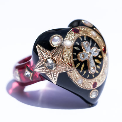 Cross Heart Ring - Black × Deep Red / #14