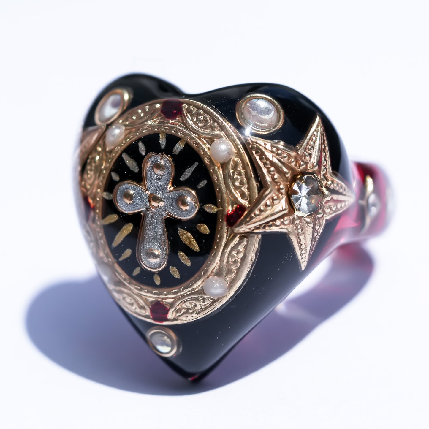 Cross Heart Ring - Black × Deep Red / #14
