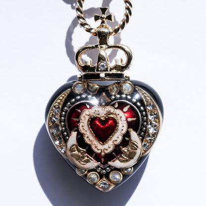 Crowned Red Heart & Moon Necklace - Black × Deep Red × Pearl