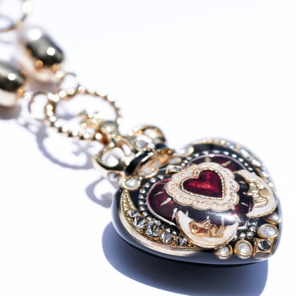 Crowned Red Heart & Moon Necklace - Black × Deep Red × Pearl