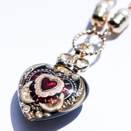 Crowned Red Heart & Moon Necklace - Black × Deep Red × Pearl