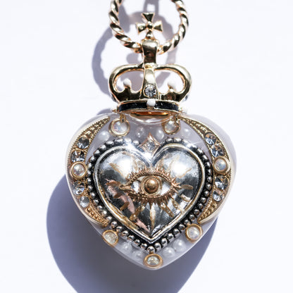 Crowned Silver Heart Eye Necklace - Silver × Gold × Pearl