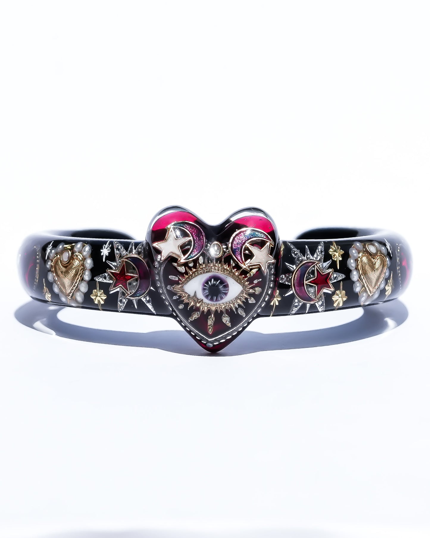 Mystic Eye & Deep Red Heart Bracelet - Black × Dark Rose Red