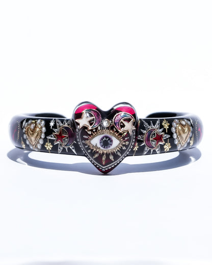 Mystic Eye & Deep Red Heart Bracelet - Black × Dark Rose Red