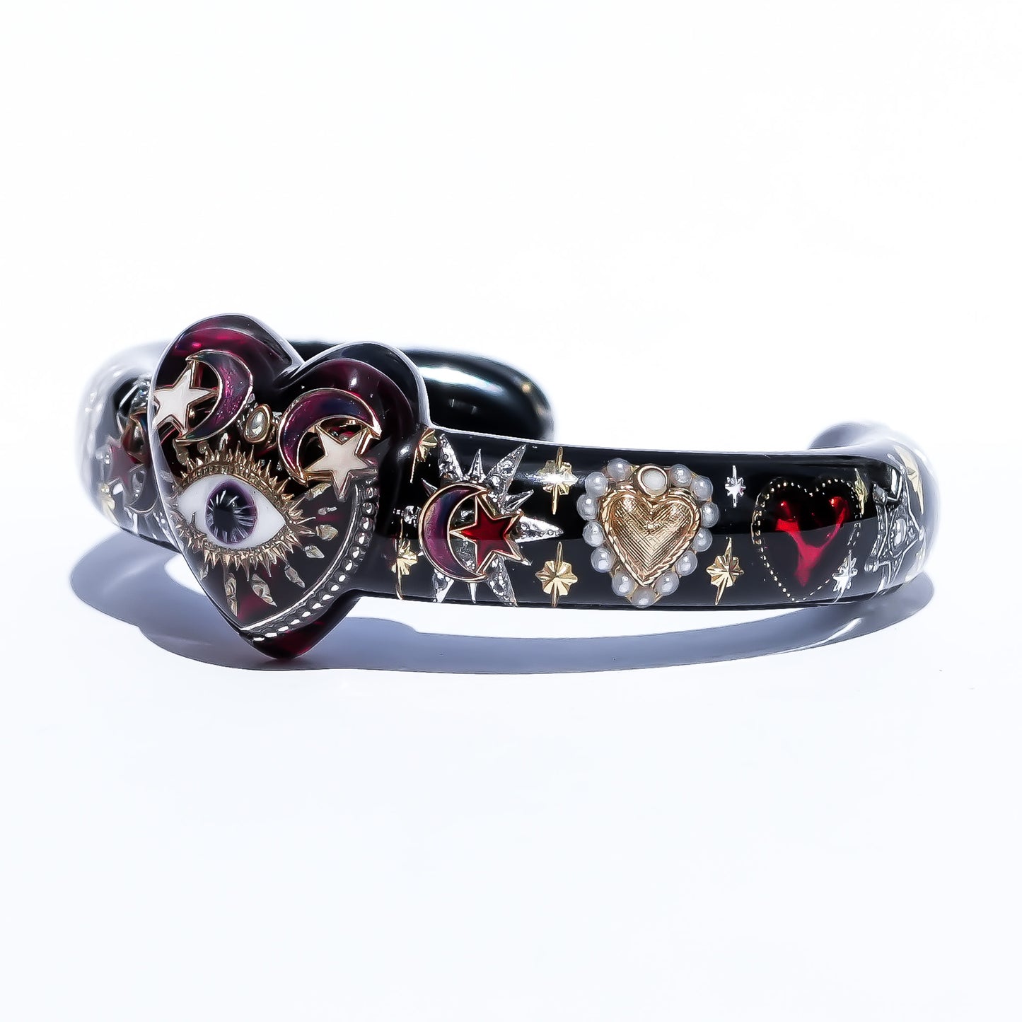 Mystic Eye & Deep Red Heart Bracelet - Black × Dark Rose Red