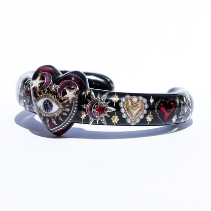 Mystic Eye & Deep Red Heart Bracelet - Black × Dark Rose Red
