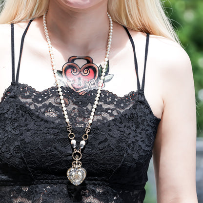 Crowned Silver Heart Eye Necklace - Silver × Gold × Pearl