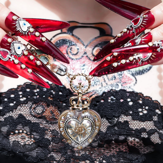 Crowned Silver Heart Eye Necklace - Silver × Gold × Pearl