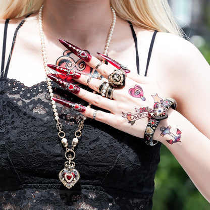 Crowned Red Heart & Moon Necklace - Black × Deep Red × Pearl