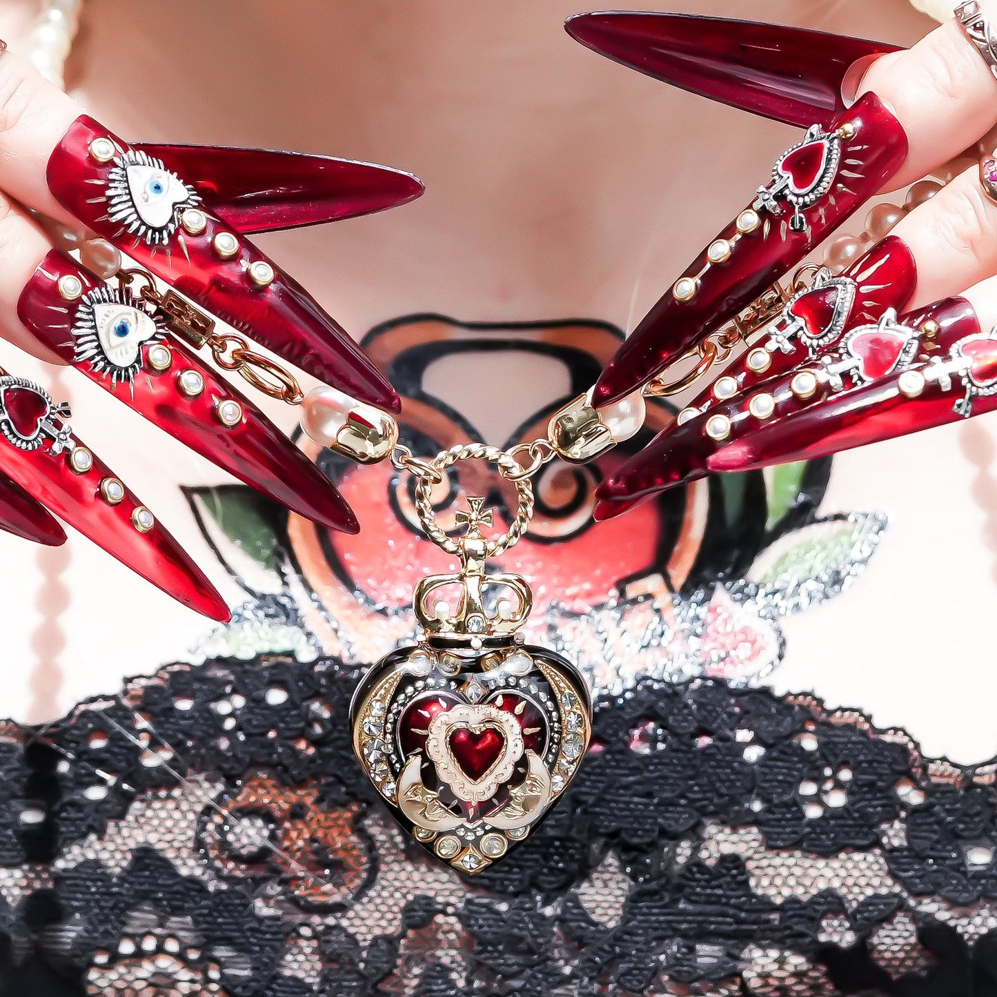 Crowned Red Heart & Moon Necklace - Black × Deep Red × Pearl