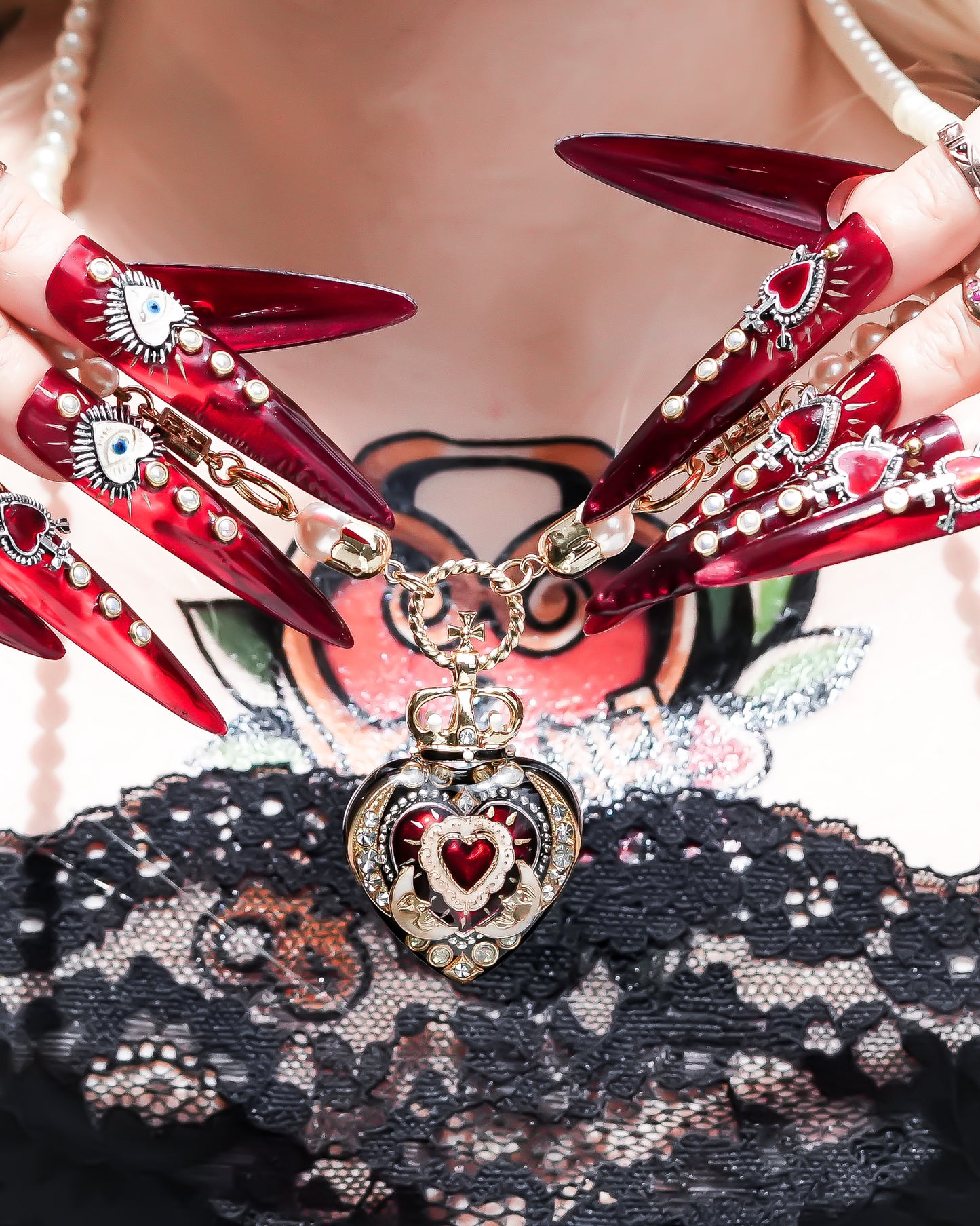 Crowned Red Heart & Moon Necklace - Black × Deep Red × Pearl