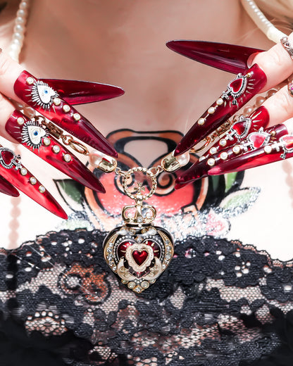 Crowned Red Heart & Moon Necklace - Black × Deep Red × Pearl