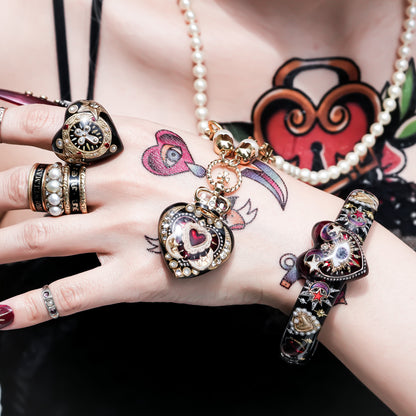 Crowned Red Heart & Moon Necklace - Black × Deep Red × Pearl