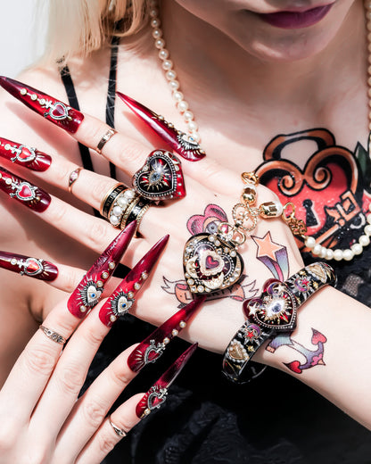 Crowned Red Heart & Moon Necklace - Black × Deep Red × Pearl