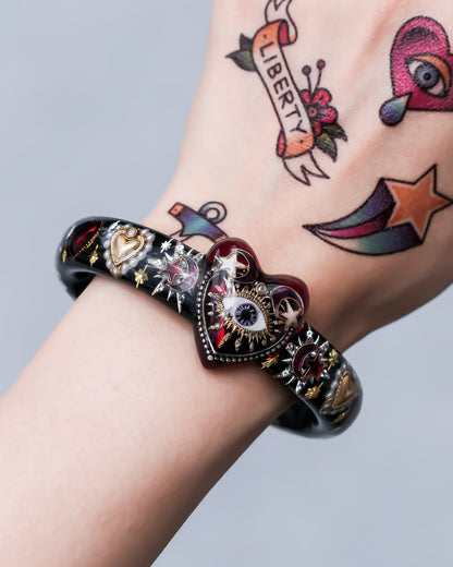 Mystic Eye & Deep Red Heart Bracelet - Black × Dark Rose Red