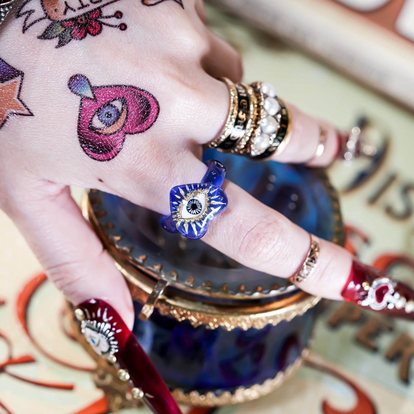 Mystic Blue Eye Heart Ring - Clear Blue / #11
