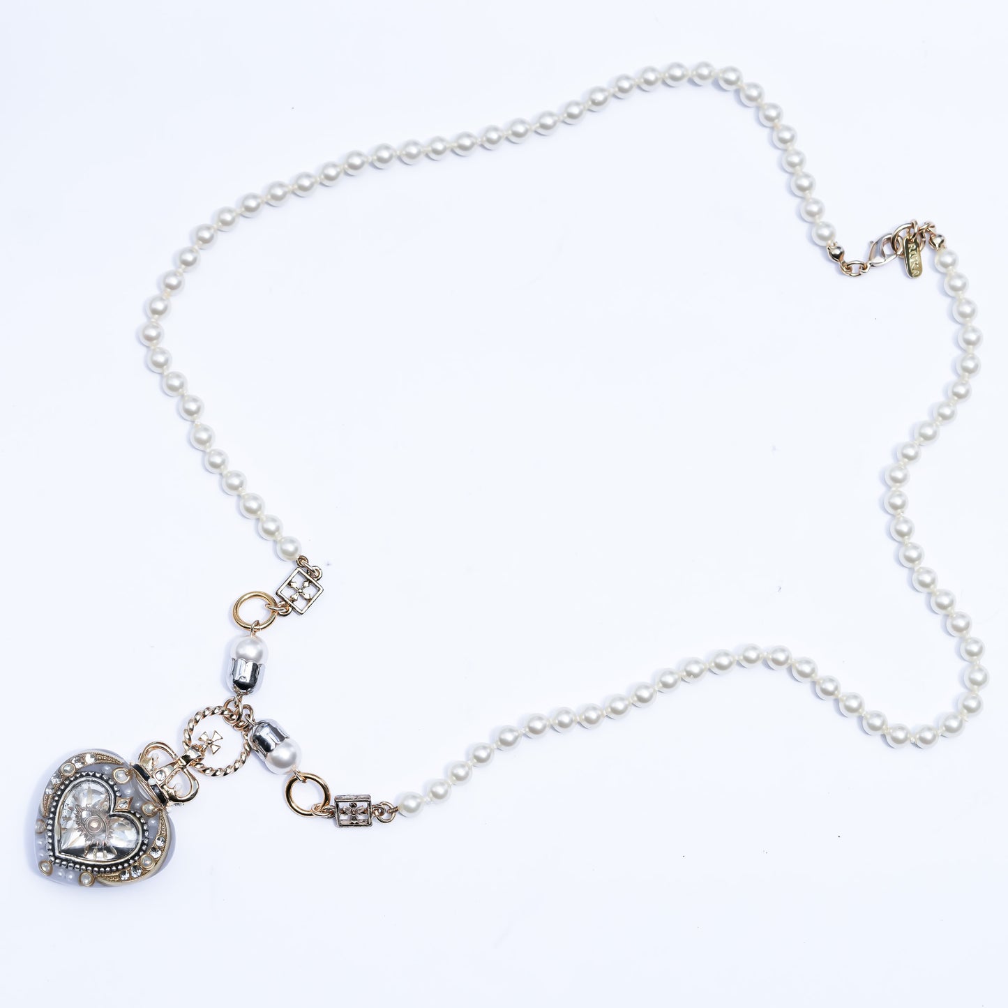 Crowned Silver Heart Eye Necklace - Silver × Gold × Pearl
