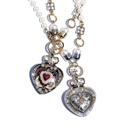 Crowned Red Heart & Moon Necklace - Black × Deep Red × Pearl