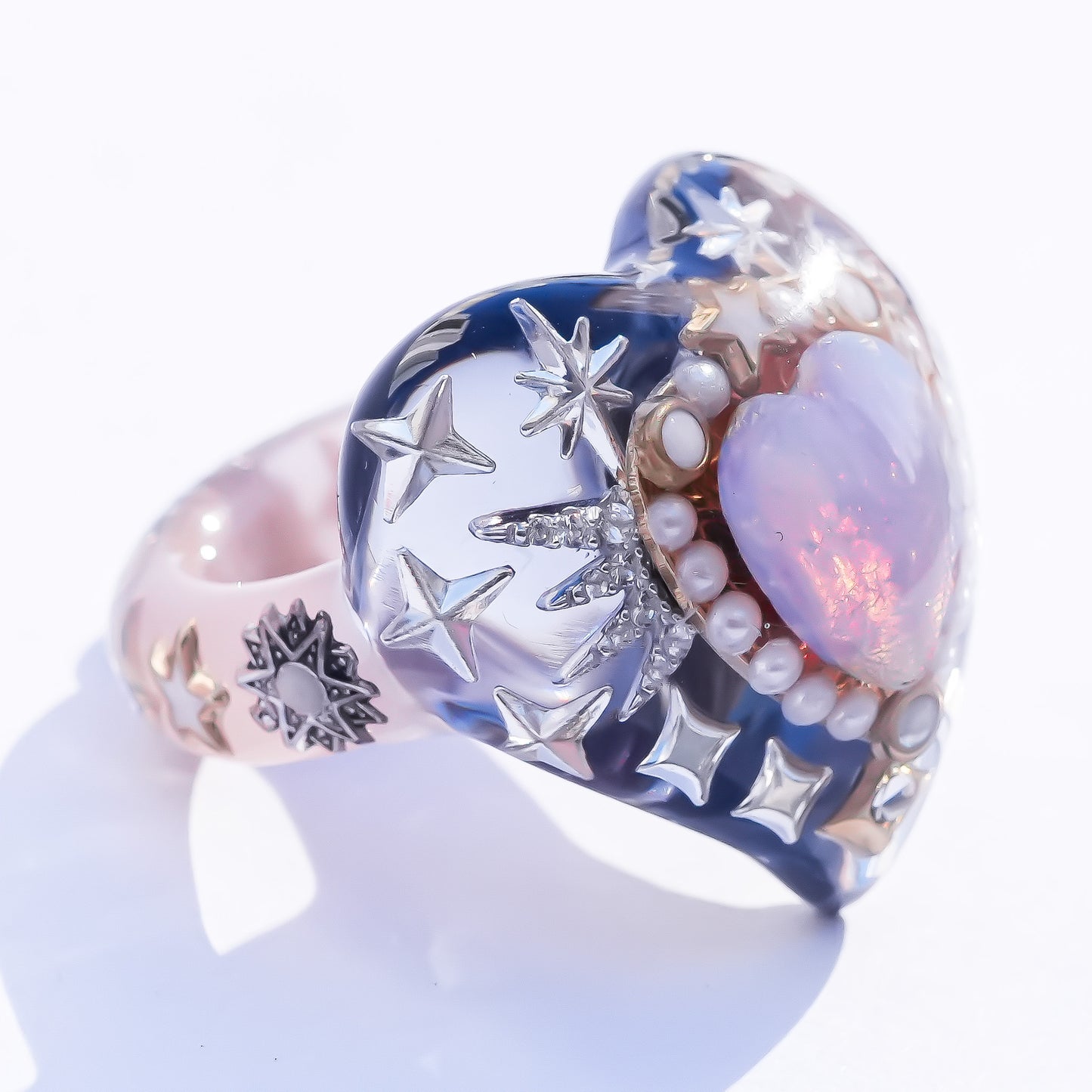 Celestial Winged Heart Ring – Pink Opal / #15