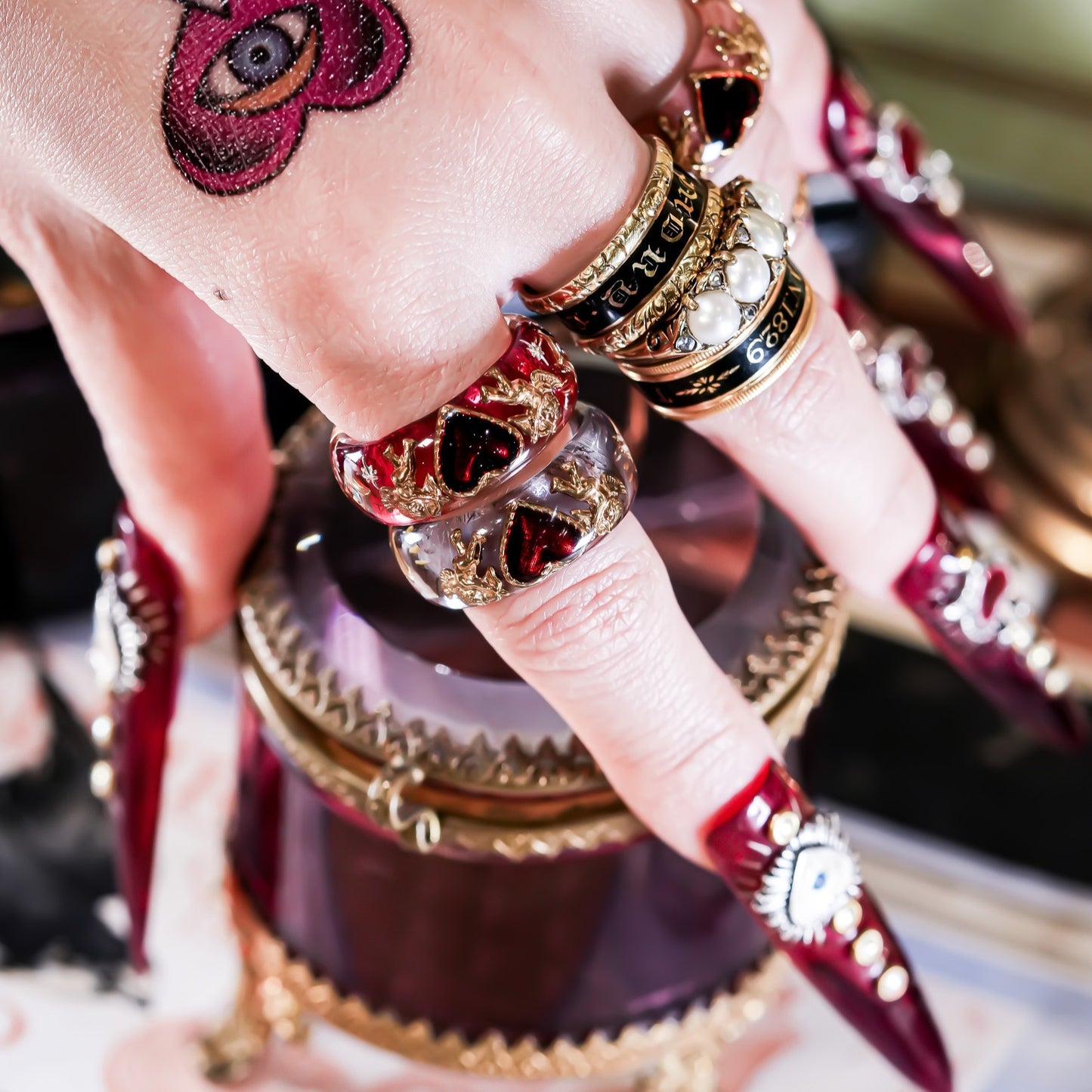 Cupid’s Secret Heart Ring - Smoky Blue × Deep Red / #11