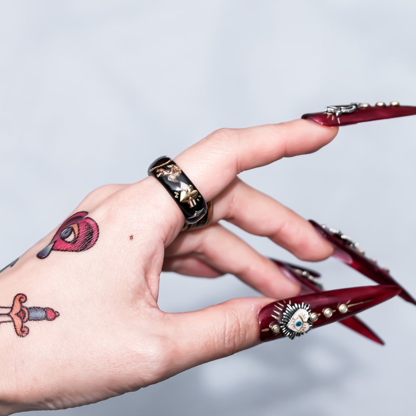 Midnight Cupid Heart Ring - Black × Deep Red / #8 #11