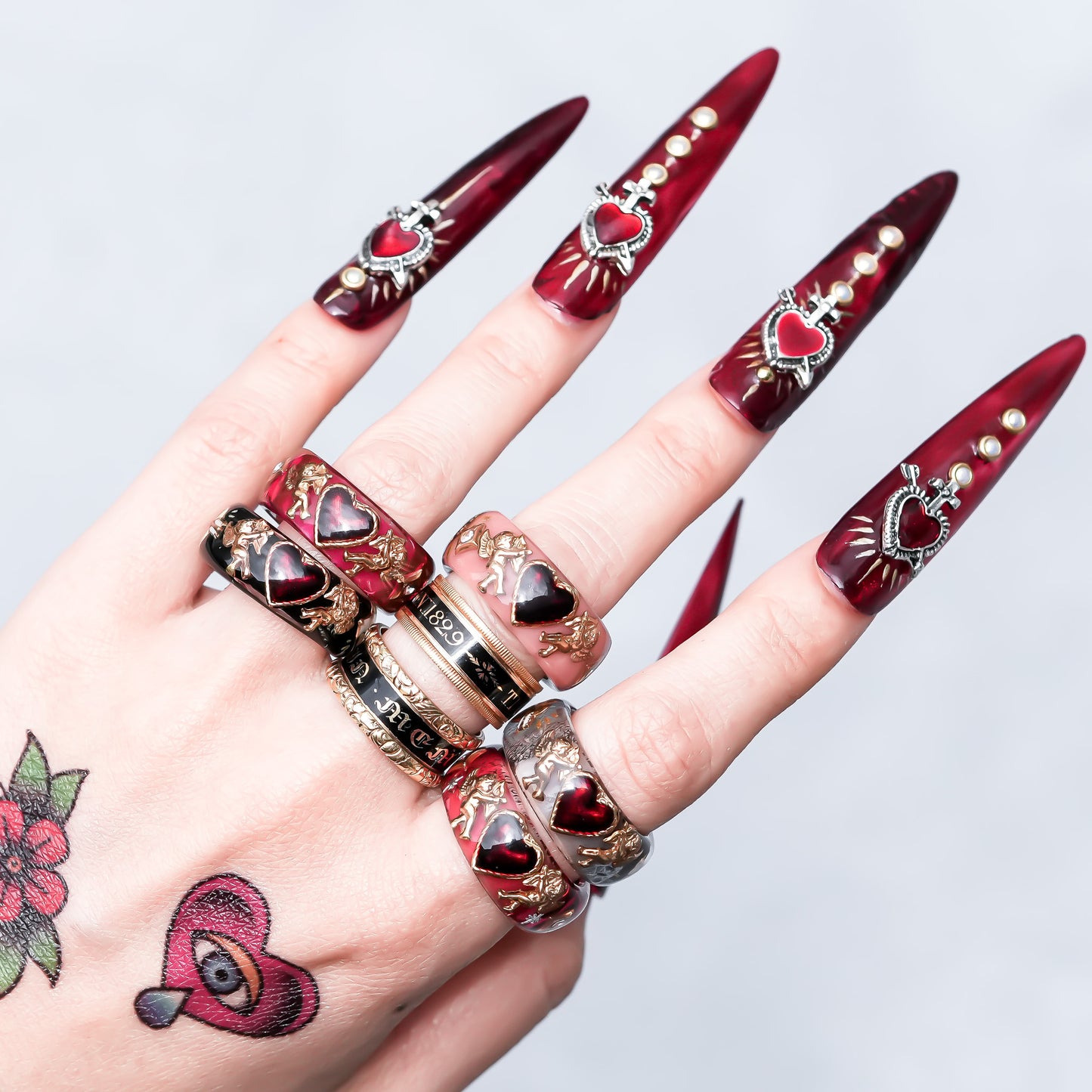 Midnight Cupid Heart Ring - Black × Deep Red / #8 #11