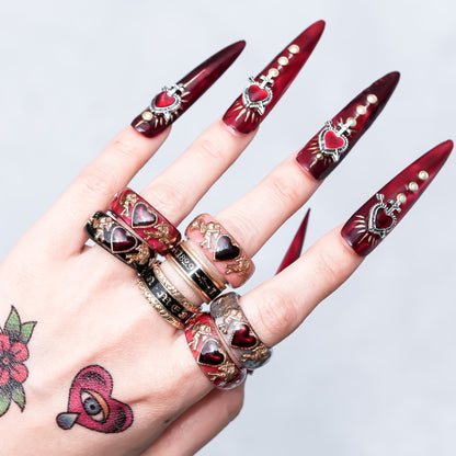 Midnight Cupid Heart Ring - Black × Deep Red / #8 #11