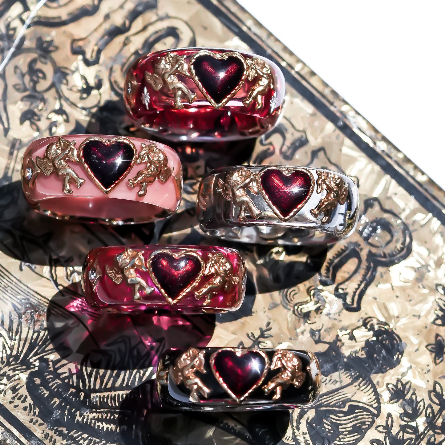Midnight Cupid Heart Ring - Black × Deep Red / #8 #11