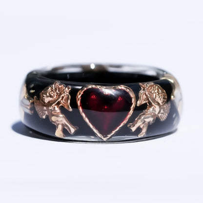Midnight Cupid Heart Ring - Black × Deep Red / #8 #11