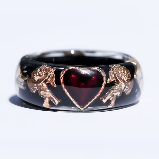 Midnight Cupid Heart Ring - Black × Deep Red / #8 #11
