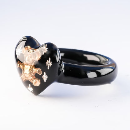 Bear Small Heart Ring - Black / #14
