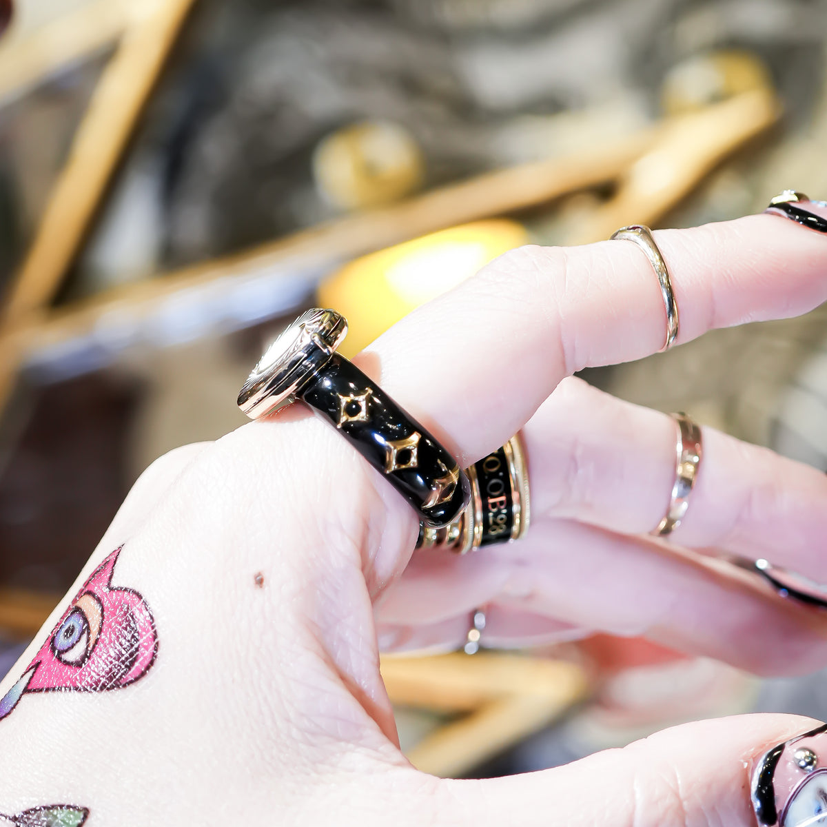 1800s Antique Sunburst Heart Locket Ring – 9K / Black / #11