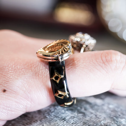 1800s Antique Sunburst Heart Locket Ring – 9K / Black / #11