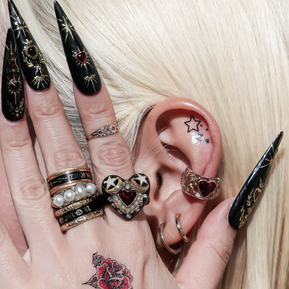 Celestial Moon Heart Ring - Black × Red / #8 #11 #16