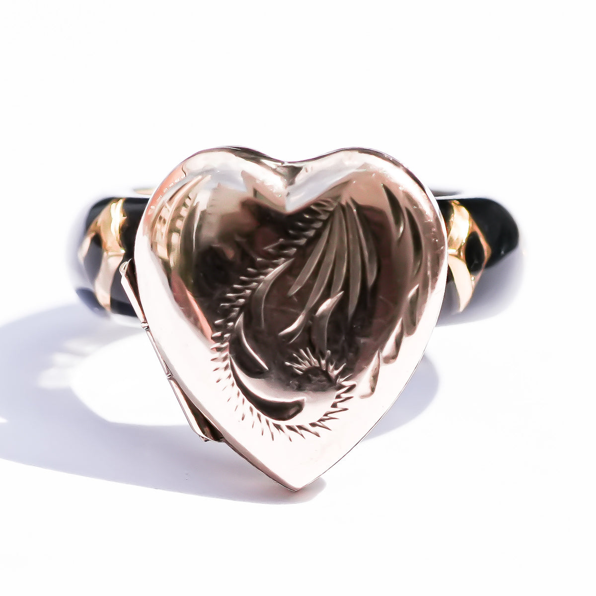 1800s Antique Engraved Heart Locket Ring – 9K / Black / #12