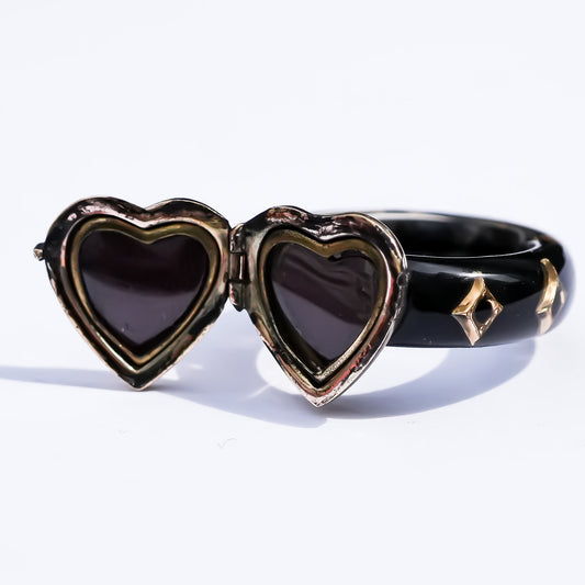 1800s Antique Sunburst Heart Locket Ring – 9K / Black / #11