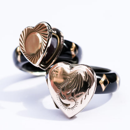 1800s Antique Sunburst Heart Locket Ring – 9K / Black / #11