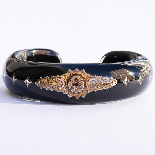 Victorian Ruby Pearl Hexagram Bracelet  - Black / 18kgold